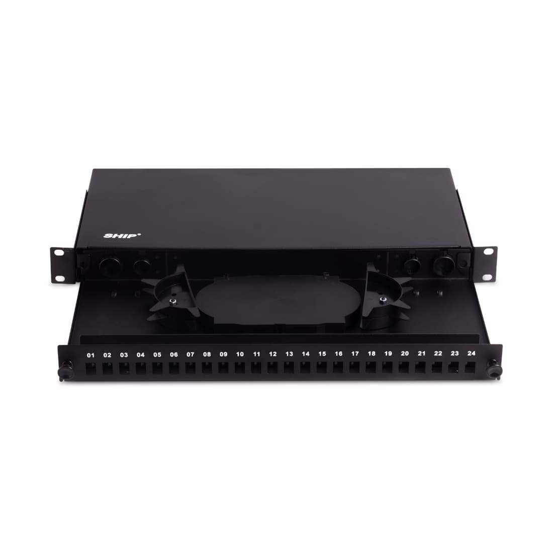 Оптический кросс, SHIP, F-M1, 19" (1U), 24 Порта SC, Simplex, LC Duplex, Без адаптеров, Чёрный