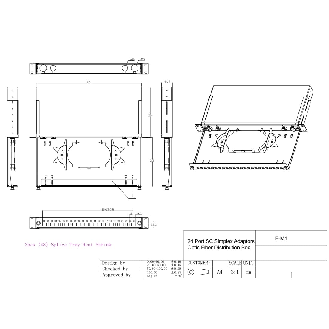 Оптический кросс, SHIP, F-M1, 19" (1U), 24 Порта SC, Simplex, LC Duplex, Без адаптеров, Чёрный