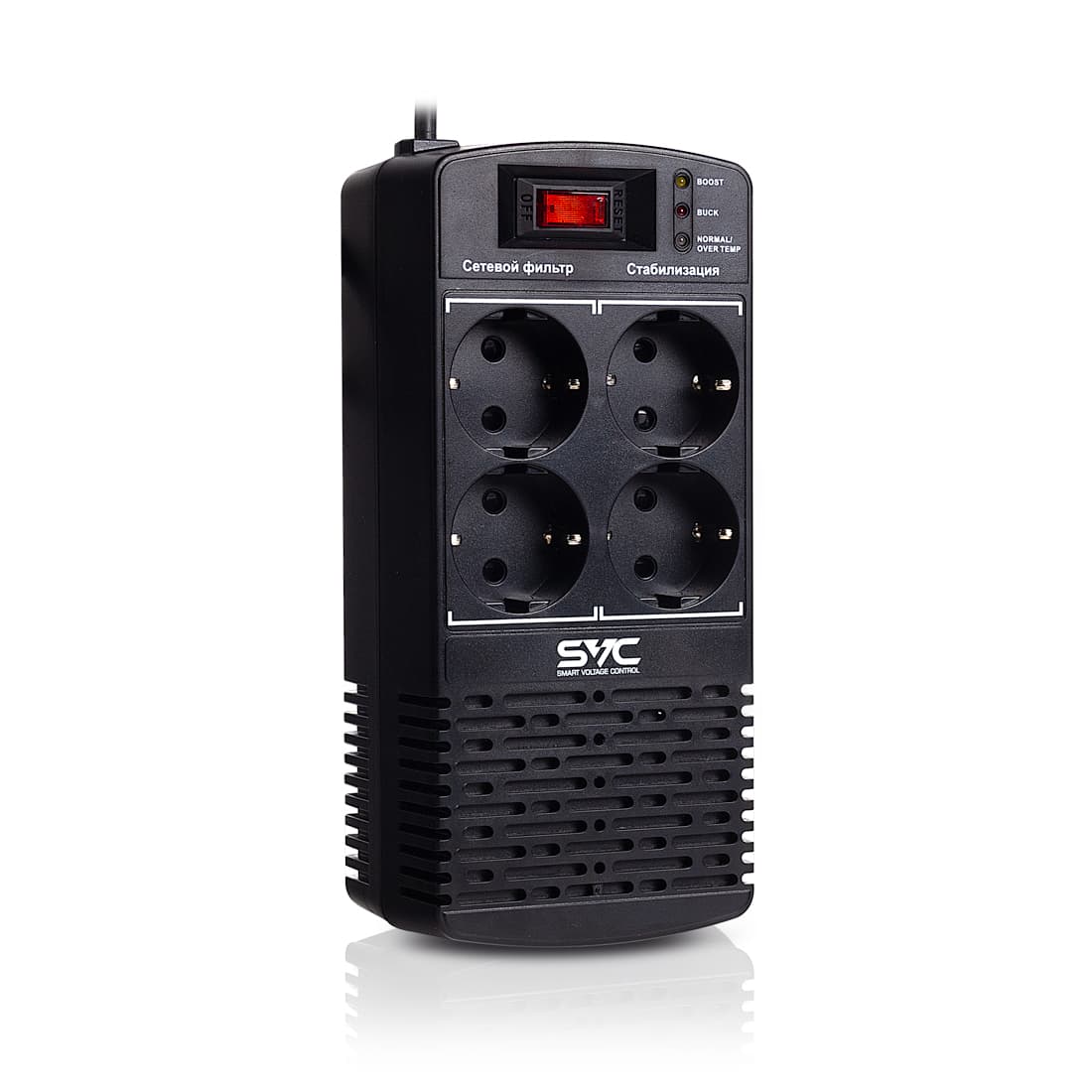 Стабилизатор (AVR), SVC, AVR-1000-L, Мощность 1000ВА/500Вт, LED-индикаторы, Диапазон работы AVR: 174-280В, 4 вых., 1.2 м., Чёрный