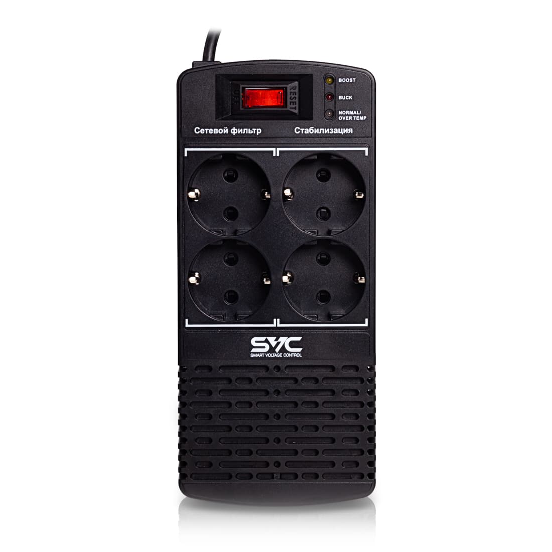 Стабилизатор (AVR), SVC, AVR-1000-L, Мощность 1000ВА/500Вт, LED-индикаторы, Диапазон работы AVR: 174-280В, 4 вых., 1.2 м., Чёрный