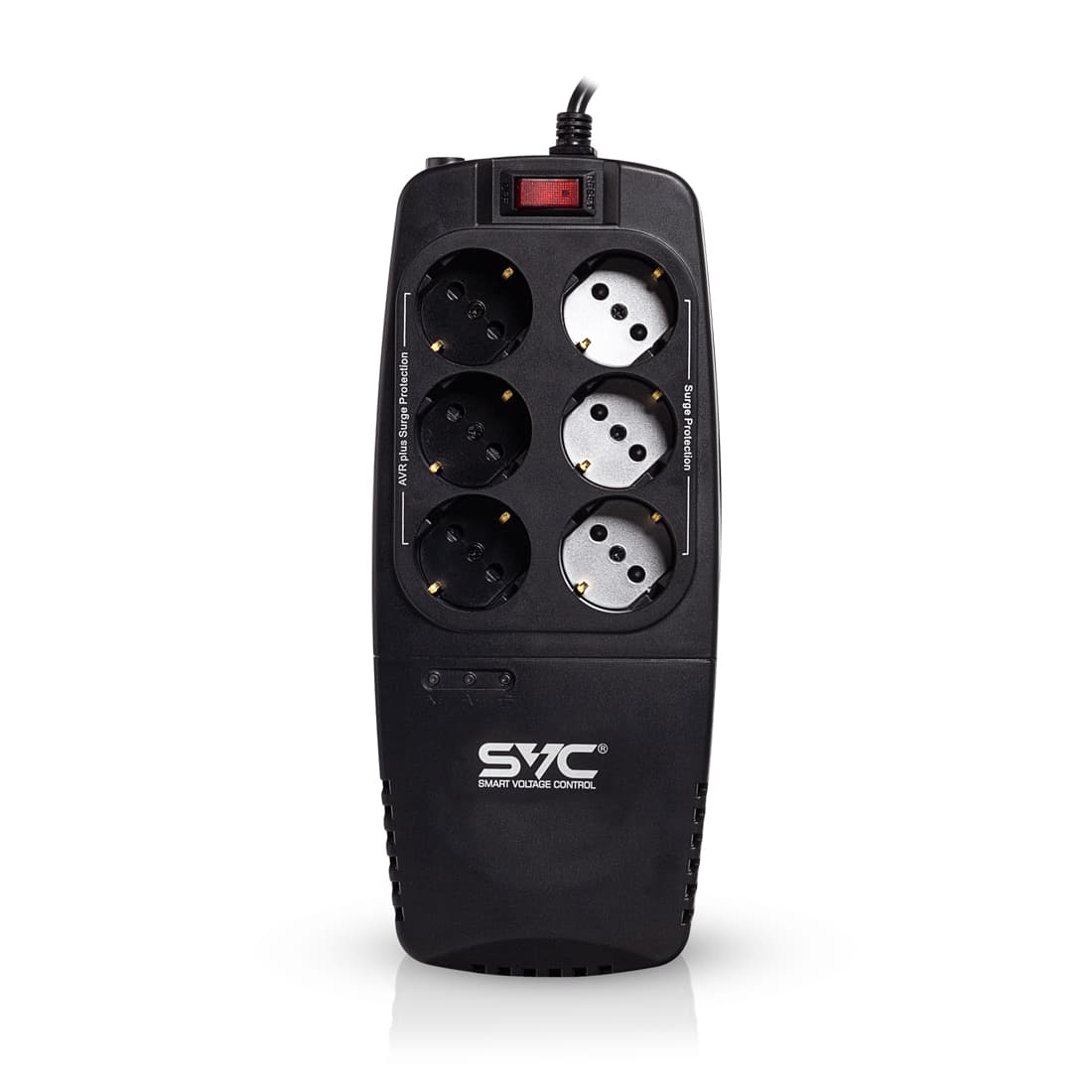 Стабилизатор (AVR), SVC, AVR-1200-U, Мощность 1200ВА/600Вт, Диапазон работы AVR: 176-276В, Тип выходных разъёмов: Schuko х 6 шт., LED-индикаторы, Защита телефонной линии, Чёрный