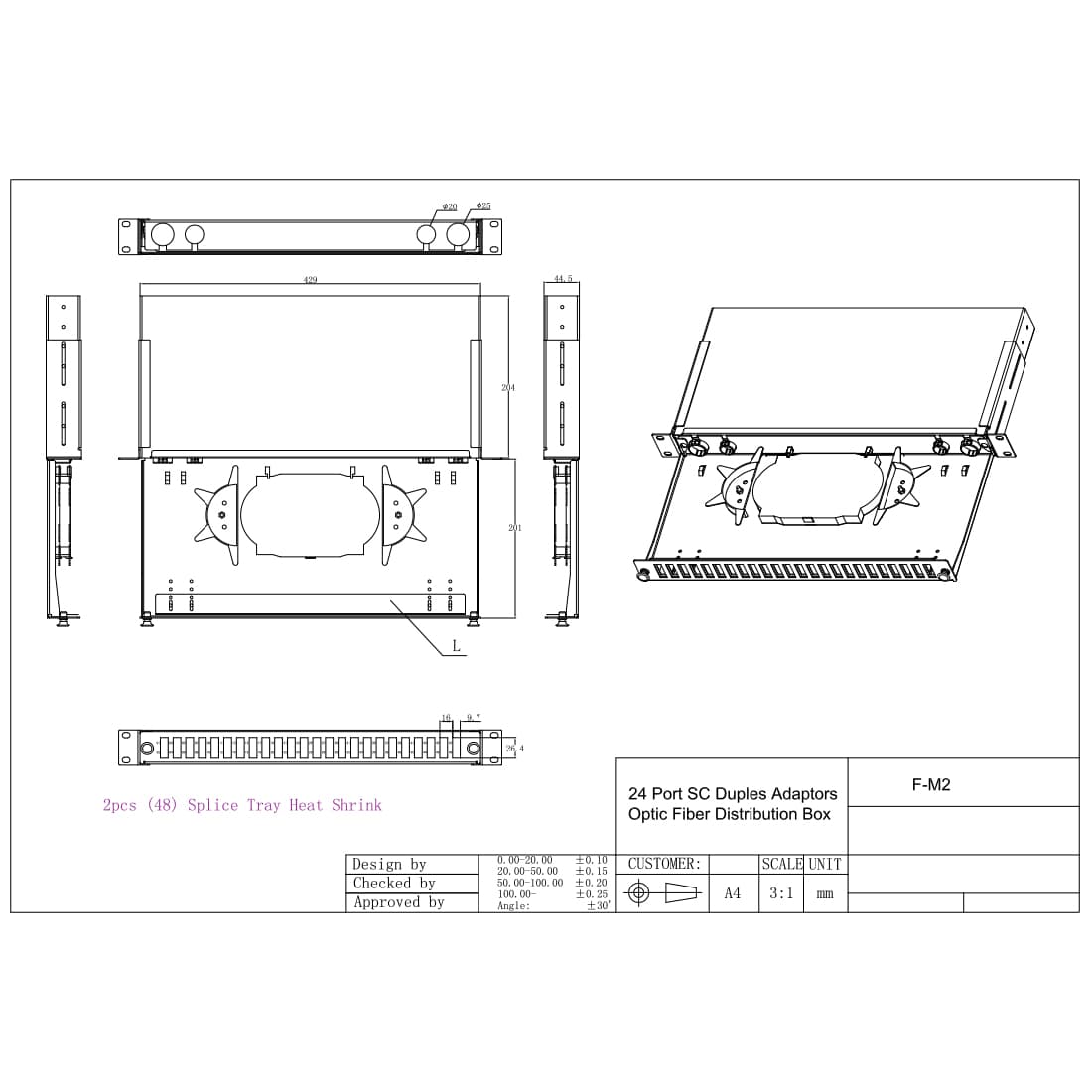 Оптический кросс, SHIP, F-M2, 19" (1U), 24 Порта SC Duplex, Без адаптеров, Чёрный