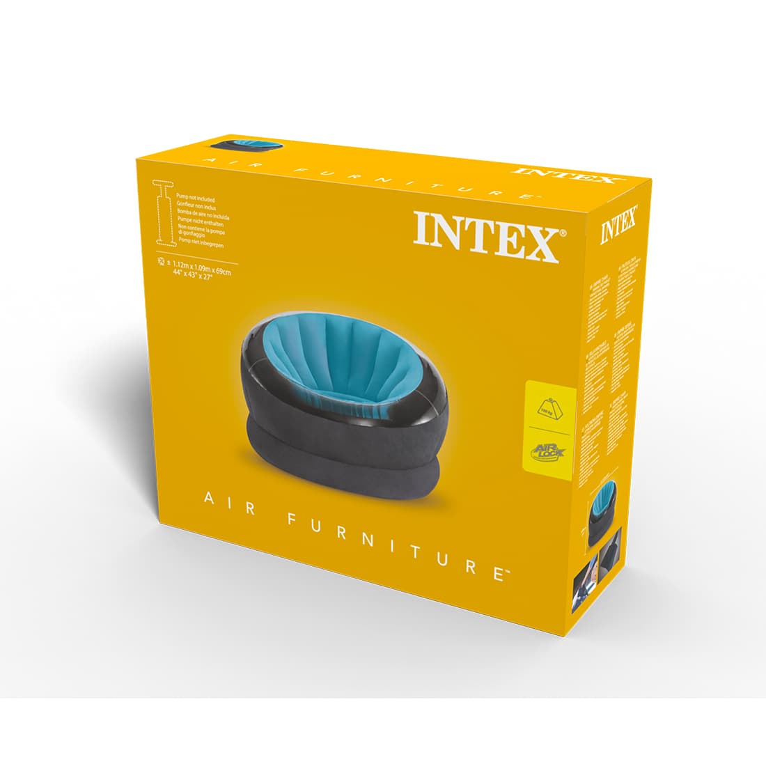 Кресло надувное Empire Chair 112 x 109 x 69 см, INTEX, 68582NP, Винил, Встроенная камера для наполнения водой, Жёлтое/синее/розовое в ассортименте, Цветная коробка