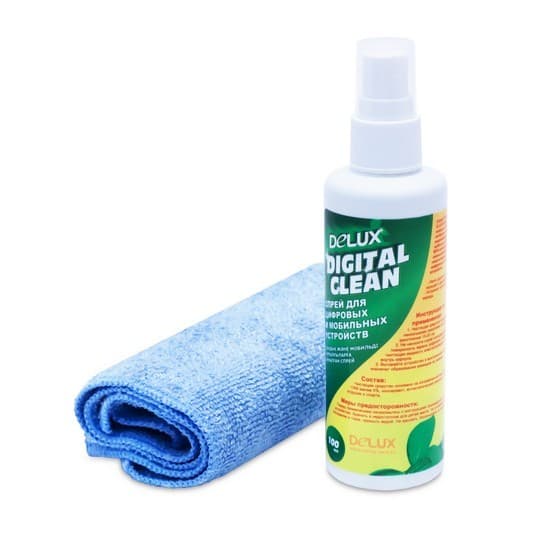 Чистящий набор, Delux, Digital Clean, Для ухода за цифровыми и мобильными устройствами, Спрей 100 мл с салфеткой из микрофибры 25*25 см, Удаление пыли и загрязнений, Дезинфицирует поверхность