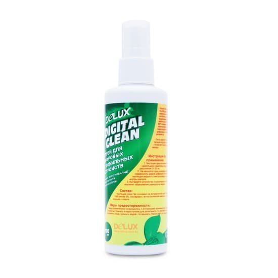 Чистящий набор, Delux, Digital Clean, Для ухода за цифровыми и мобильными устройствами, Спрей 100 мл с салфеткой из микрофибры 25*25 см, Удаление пыли и загрязнений, Дезинфицирует поверхность