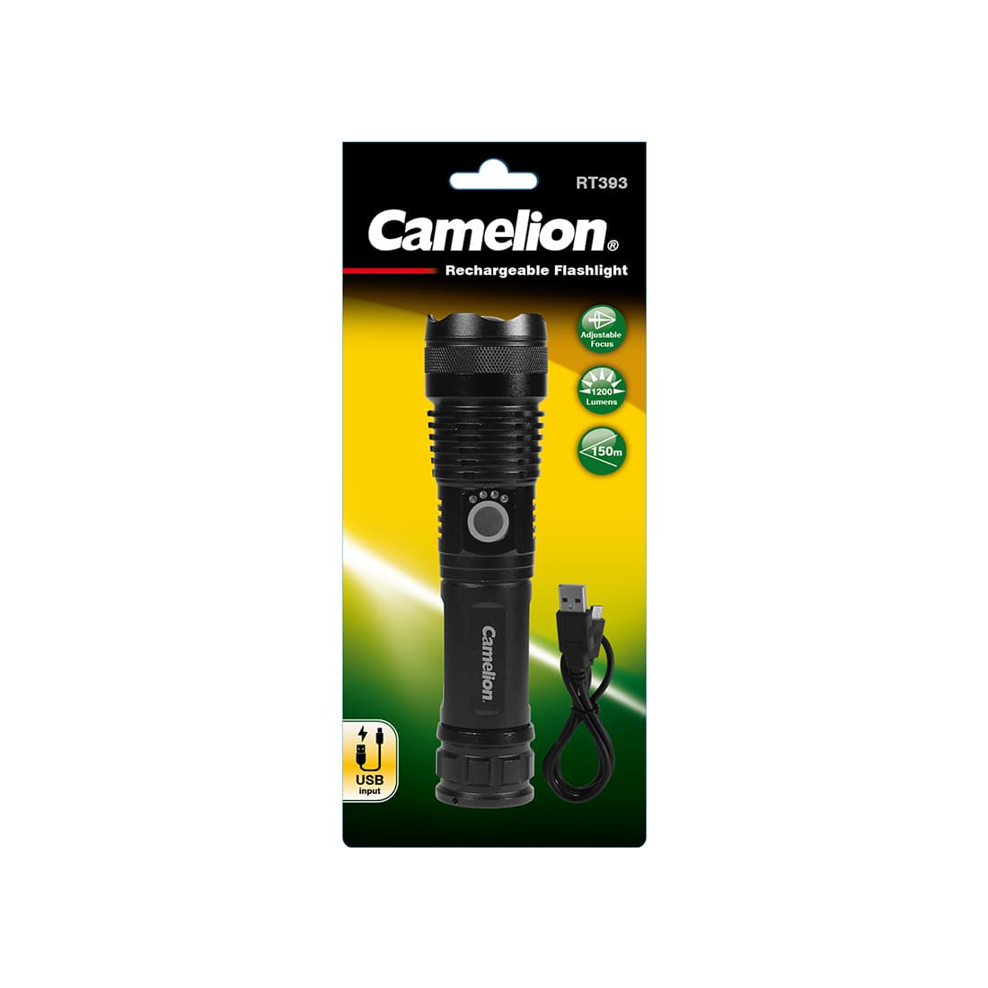 Алюминиевый перезаряжаемый фонарик, Camelion, RT393-TB, 1x20 Вт светодиод, литий-ионный аккумулятор, 1200 Лм, чёрный