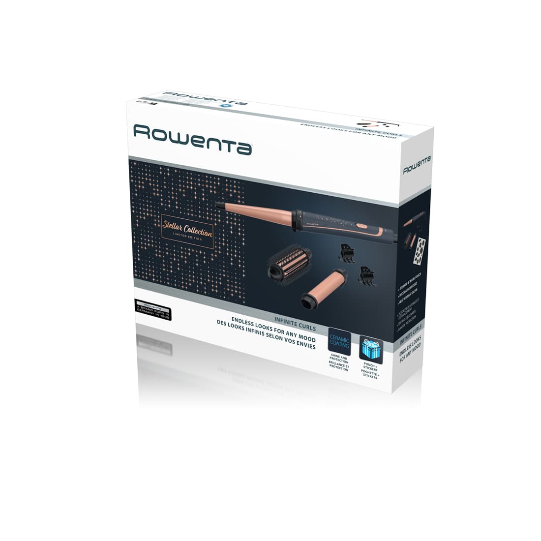Мультистайлер, Rowenta, CF4211F0, 3 насадки, Диаметр 32мм, Макс темп 190С, Керамическое покрытие, Автоотключение, Длина шнура 1.8м, Мощность 35 Вт, Синий/Бронзовый