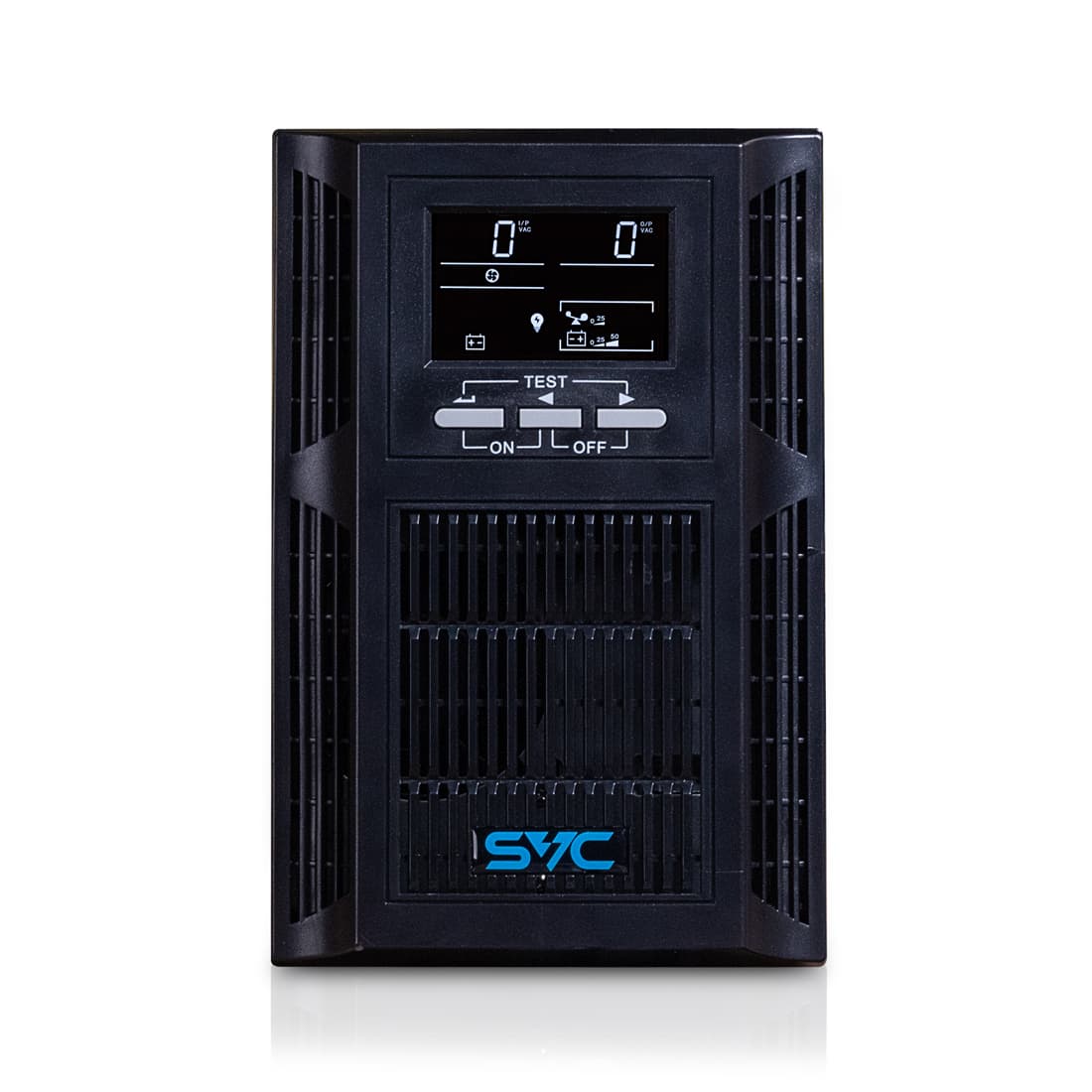 Источник бесперебойного питания, SVC, PT-1K-LCD, Мощность 1000ВА/1000Вт, PT-серия, On-Line, LСD\USB\RS-232, SMART, Диапазон работы AVR: 115-300В, Бат.: 12В/7Ah*2шт., Вентилятор: 8см*1шт., 2 вых., Чёрный