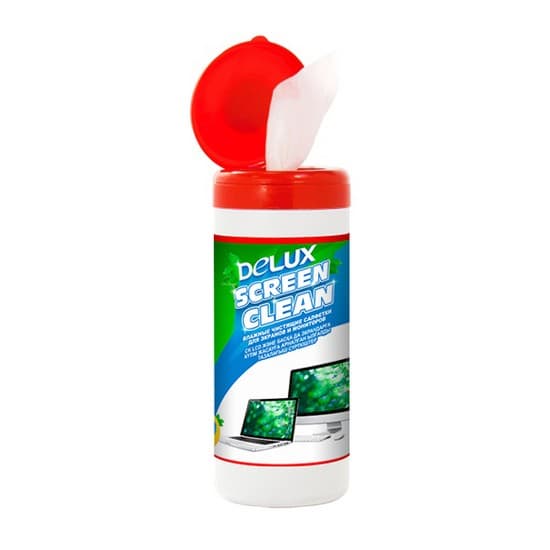 Чистящие салфетки, Delux, Screen Clean 100, Для экранов и мониторов 100 шт, Большая туба, Удаление пыли и загрязнений, Дезинфицируют поверхность ЖК экранов, Не вызывают аллергии