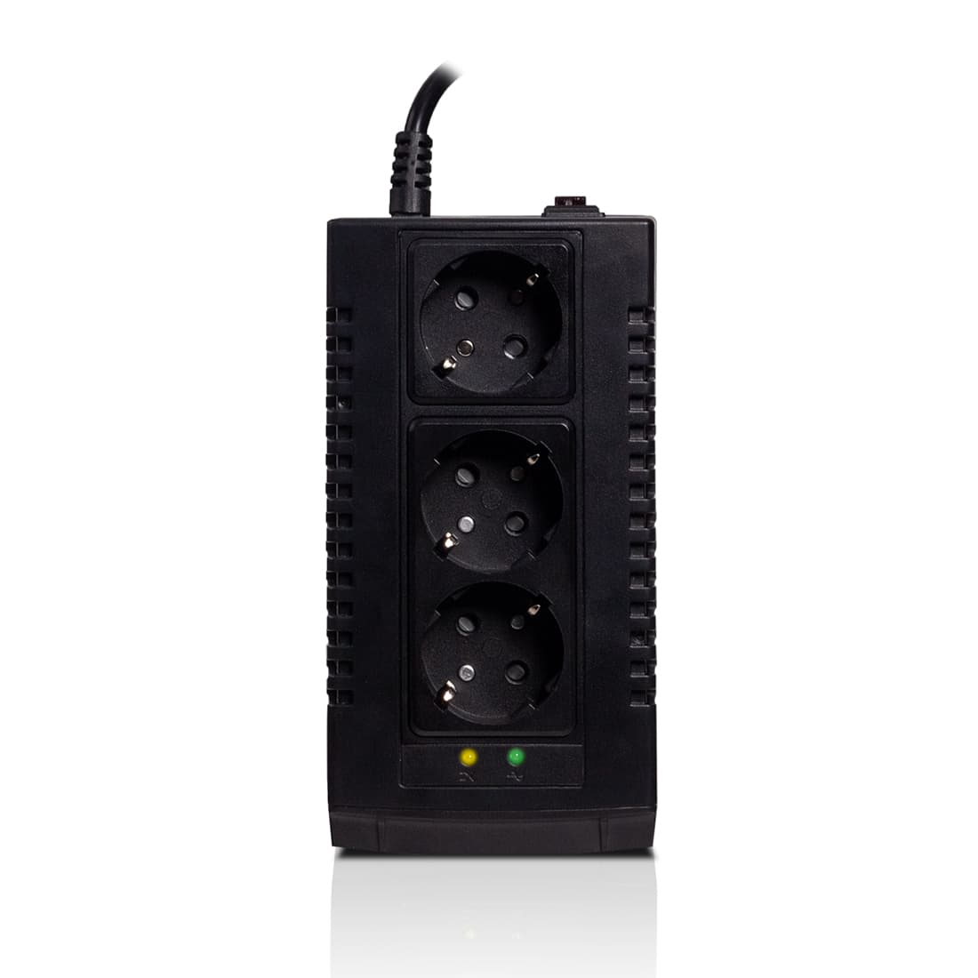 Стабилизатор (AVR), SVC, AVR-600-S, Мощность 600ВА/300Вт, LED-индикаторы, Диапазон работы AVR: 184-284В, Выходные разъемы: schuko x 3, Чёрный