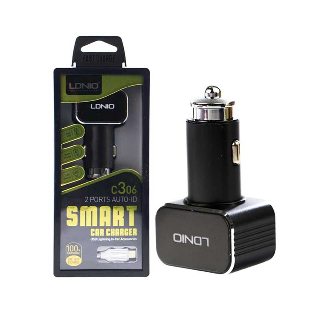 Автомобильное зарядное устройство, LDNIO, C306, 2*USB-A, 18W, 5V-3.6A Auto-Max, Кабель Type-C 1м, Чёрный