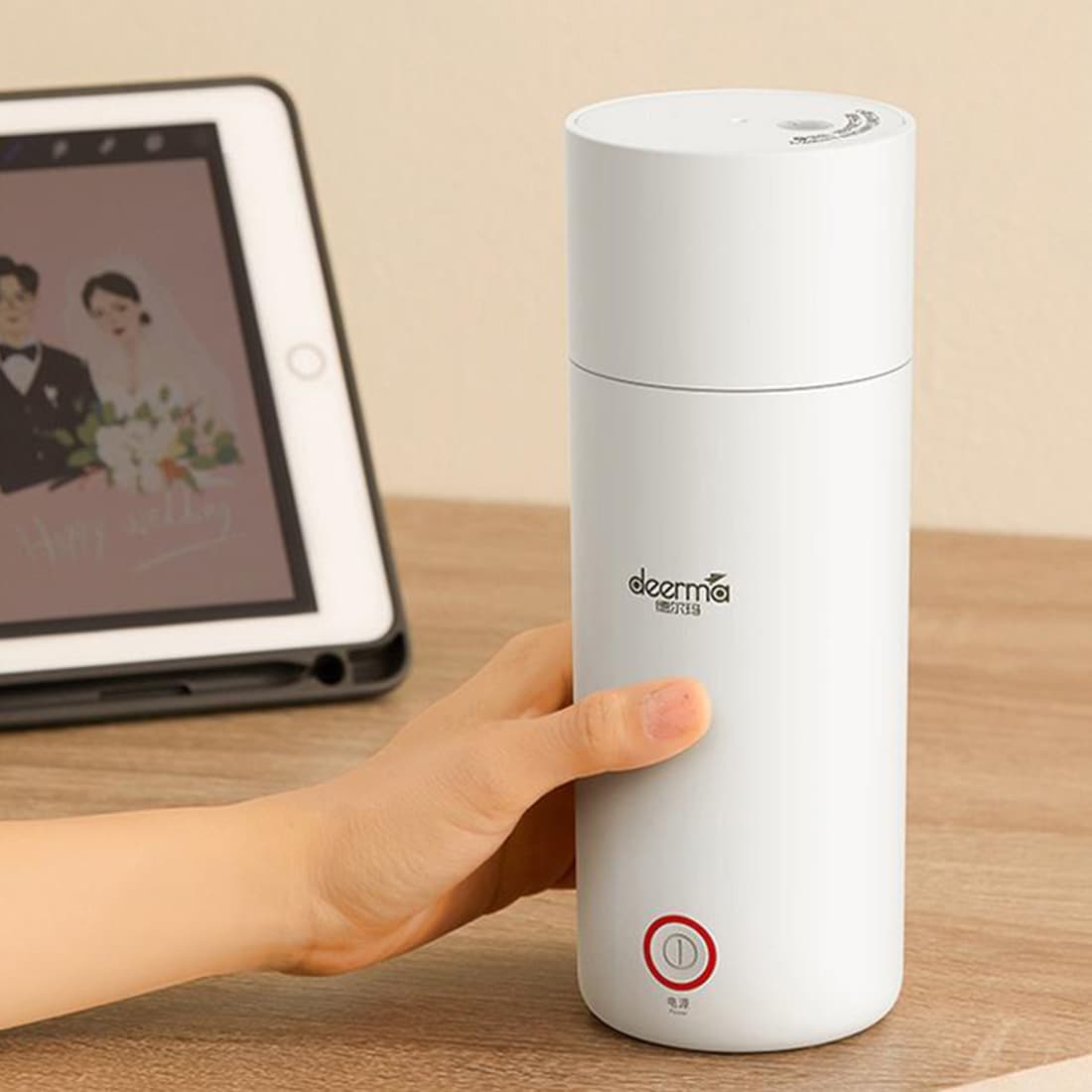 Термос с функцией подогрева, Deerma, Portable Heating Water Cup DEM-DR050, Контроль температуры, Объем 350 мл, Трехслойная защита от ожогов, Мощность 300 Вт, Влагозащита, Белый
