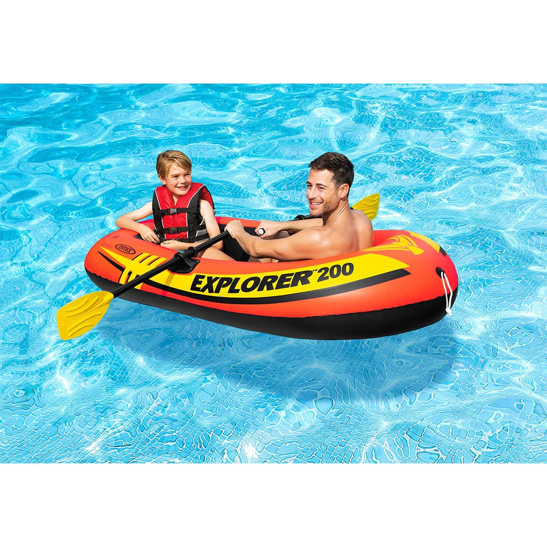 Лодка надувная Exlorer 200 set 185 х 94 см, INTEX, 58331NP, Винил, 6+, Двухкамерная, Грузоподъемность до 95 кг., В наборе весла 59623 и насос 68613, Оранжевая, Цветная коробка