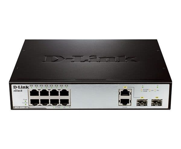 D-Link DES-3200-10/E сетевой управляемый коммутатор уровня 2, 8 x 10/100Base-TX, 1 x 1000Base-X SFP, 1 x Combo 10/100/1000BASE-T/SFP, RS-232, 1U, EU plug