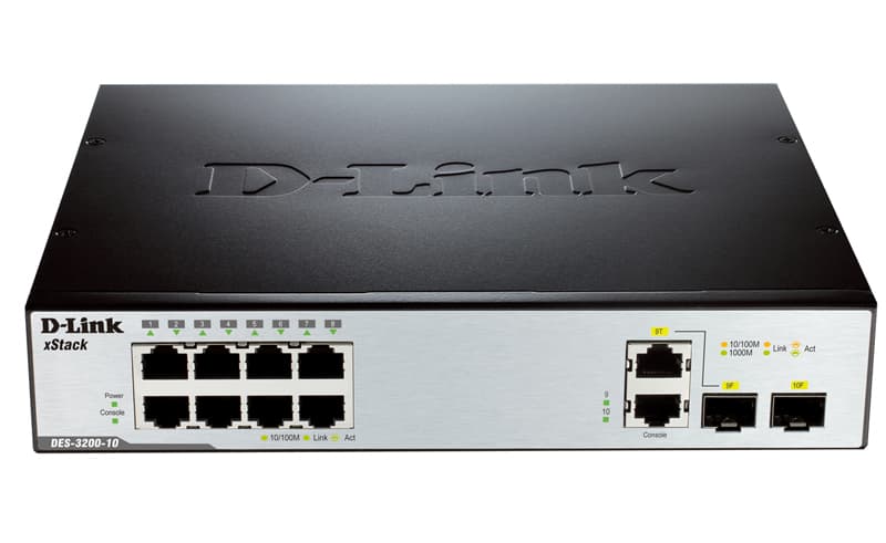 D-Link DES-3200-10/E сетевой управляемый коммутатор уровня 2, 8 x 10/100Base-TX, 1 x 1000Base-X SFP, 1 x Combo 10/100/1000BASE-T/SFP, RS-232, 1U, EU plug