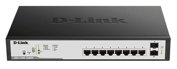 DGS-1100-10MPP/B1A — 8 портовый гигабитный PoE Smart Managed Switch, 2 x SFP, UPoE (IEEE 802.3bt), бюджет PoE 242 Вт